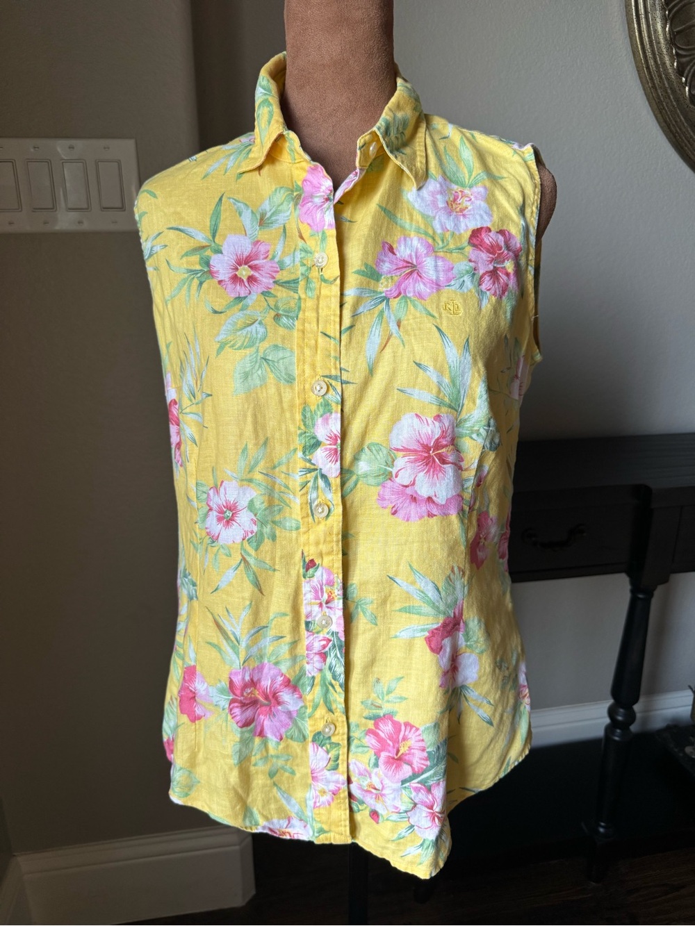 Lauren Ralph Lauren 100% Linen Yellow Hibiscus Floral Sleeveless Button Shirt M